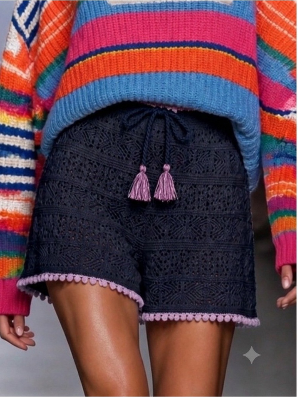 Lisa Todd Navy Knit Lounge Shorts with Pink Trim and Tassel